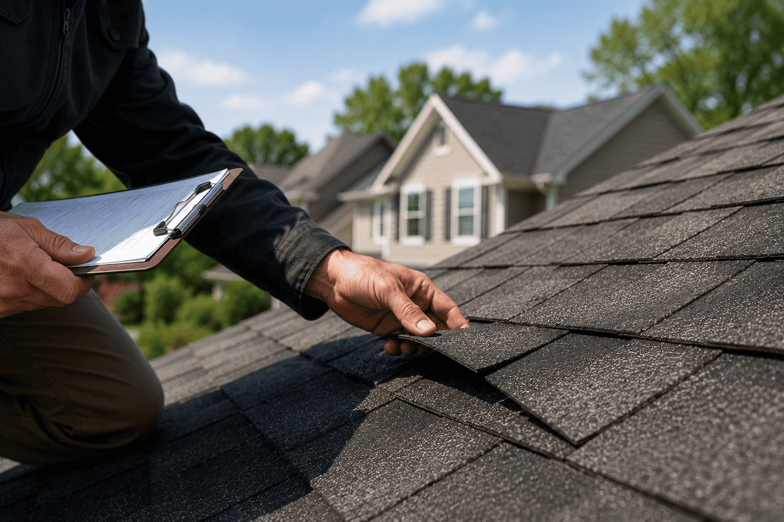 Roof replacement tips showing a professional roofer inspecting shingles during a residential roof replacement project
